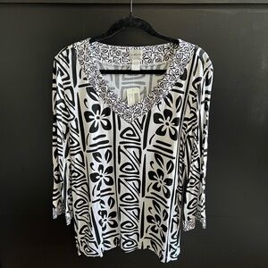 Chico's Black and White Floral Geometric Long Sleeve Top